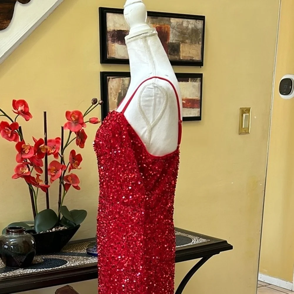 Women’s Red Sequin Thigh Slit Sleeveless Spaghetti Strap Cocktail Party Dress XL - Picture 7 of 14